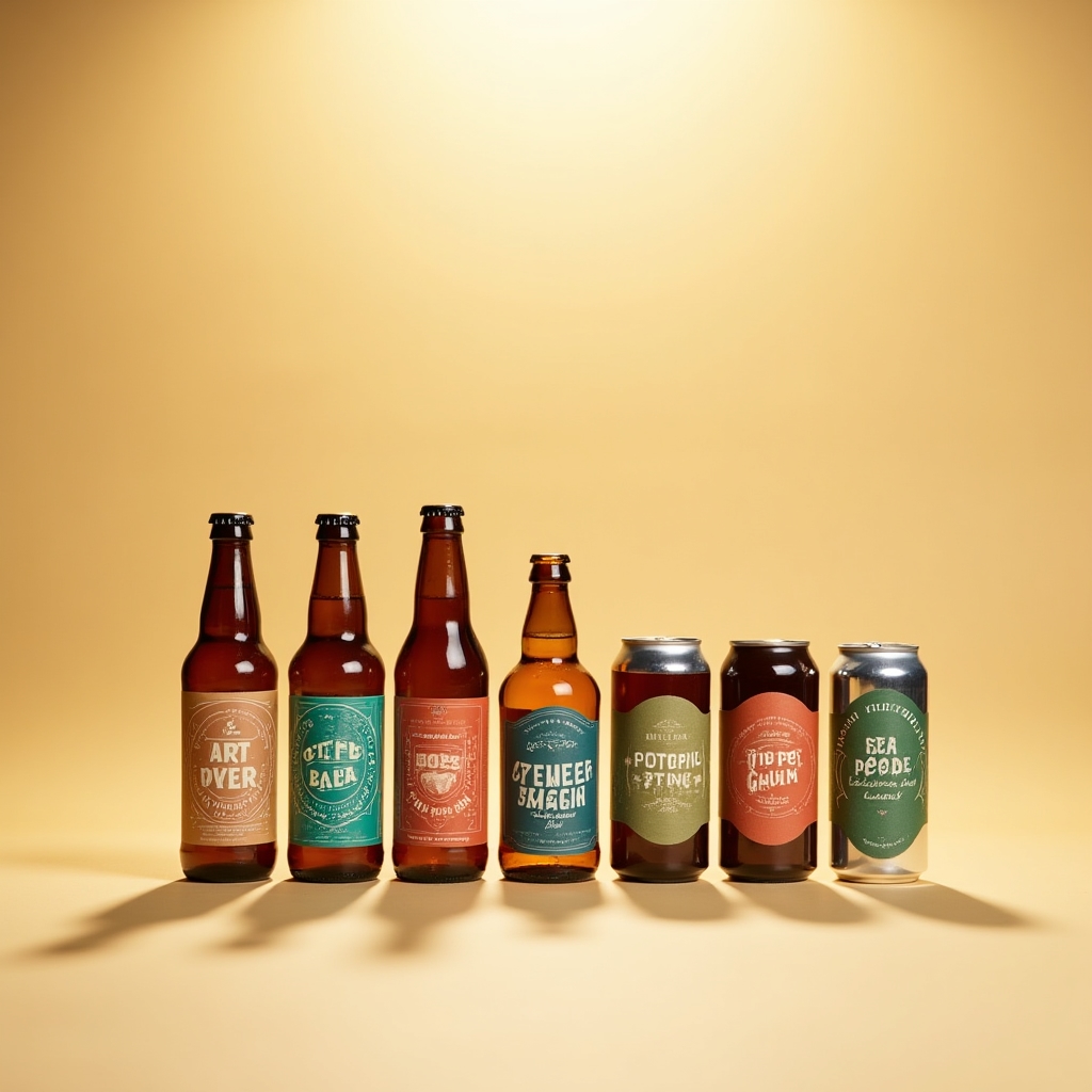 Verschiedene Craft-Beer-Flaschen einer kleinen Brauerei nebeneinander aufgereiht