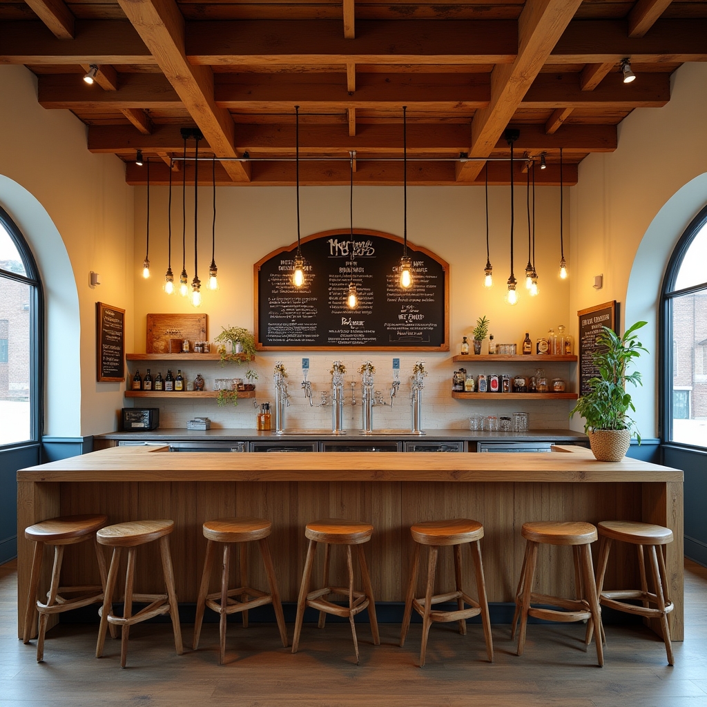 Innenraum eines modernen Craft-Beer-Taprooms mit Holztischen und Zapfhähnen